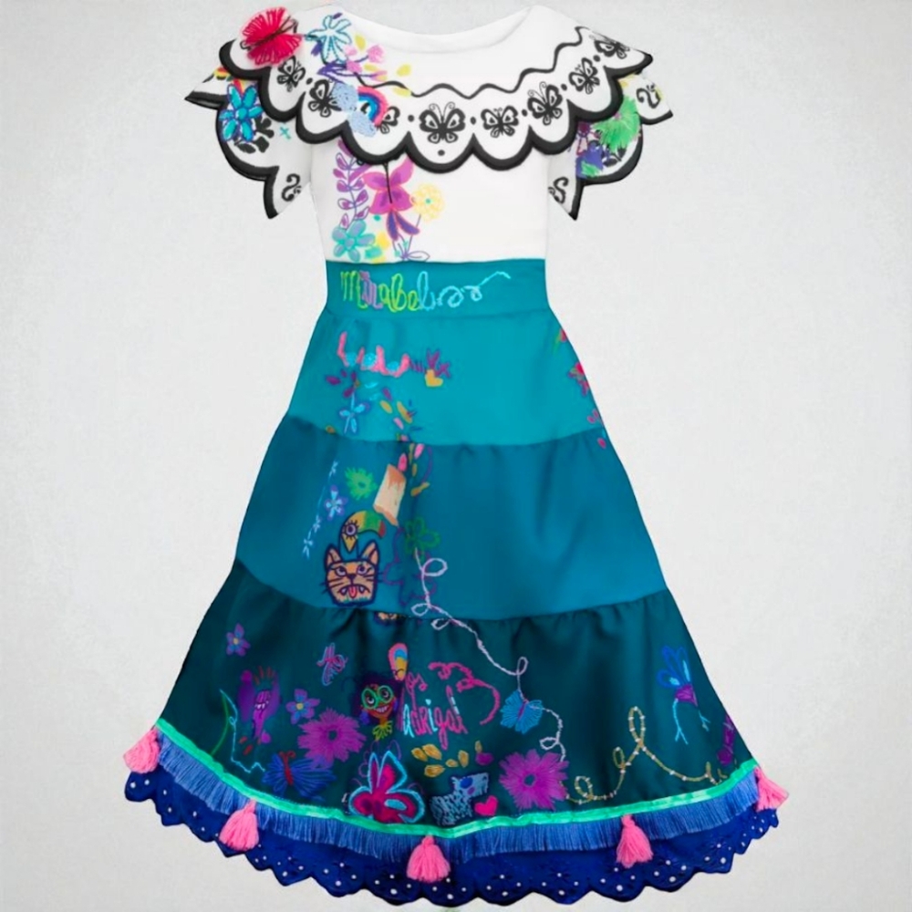 Encanto Mirabel Madrigal Inspired Girls Long Pleated Dress with Bag, New
